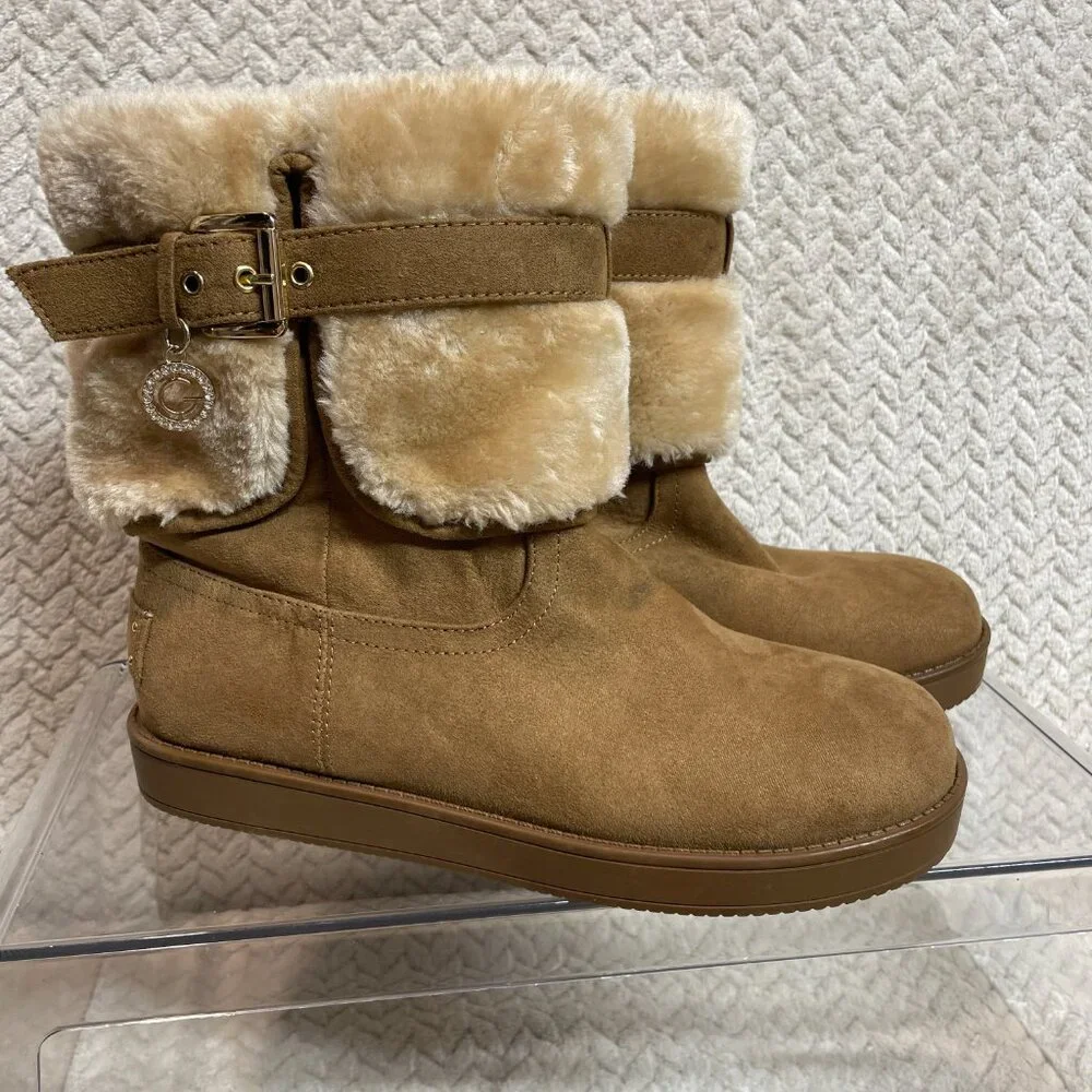 G by Guess Womens Tan Aussie Faux Fur Lined‎ Round Toe Ankle Boot NWOT Size 7M